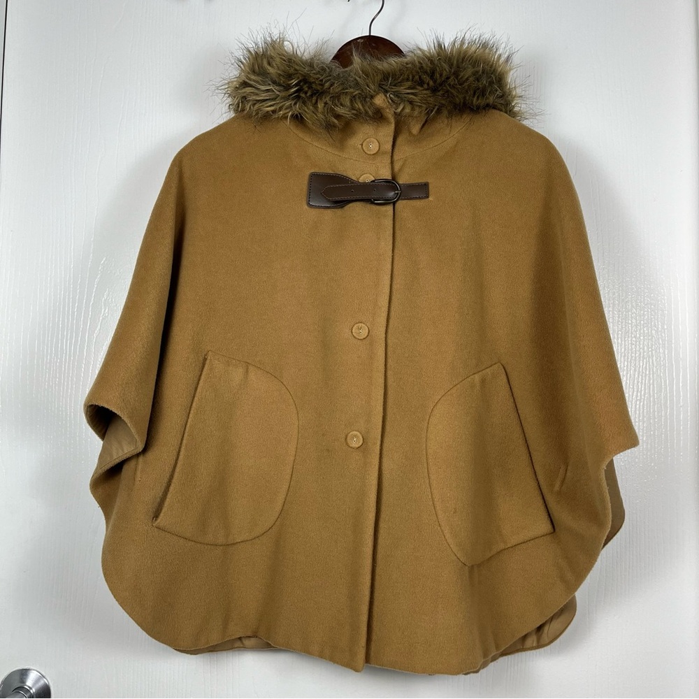 Camel wool Dominion Korea Cape Coat – Owl Print Lining – Faux Fur Hood